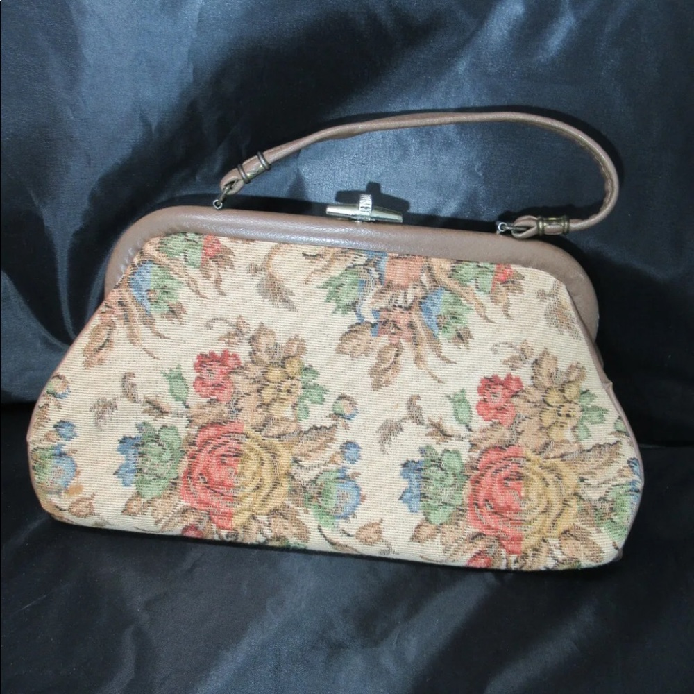 Spilene Tapestry, Vintage Purse, Brown, Clasp, Strap, Pocket Book, 1950's